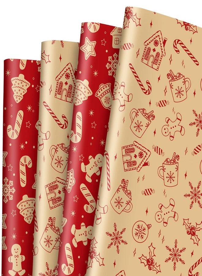 Whaline 8 Sheet Christmas Wrapping Paper -Not Roll- Folded Flat Kraft Brown Red Gingerbread Candy Snowflake Gift Wrap Paper for Xmas Winter DIY Craft Wrapping Supplies - Image 1